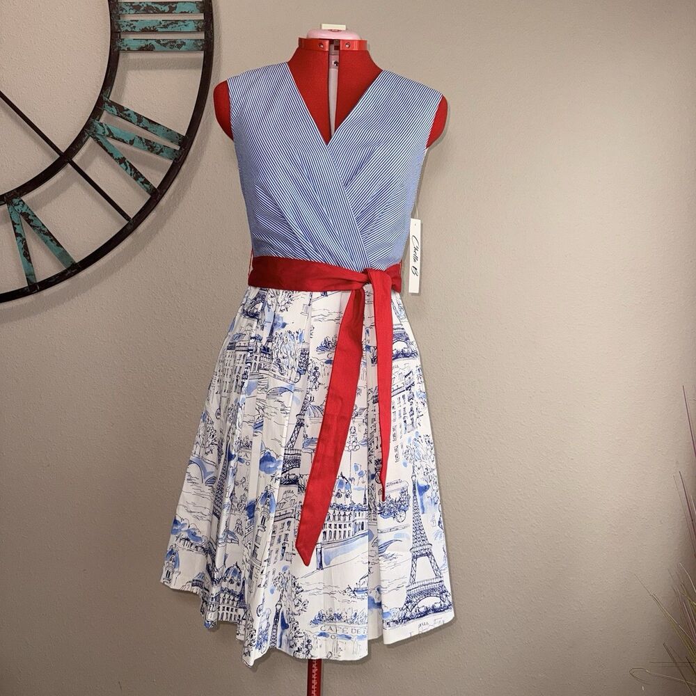 Chetta B Fit & Flare Dress Size 8 NWT Blue & White Red Belt Paris Summer